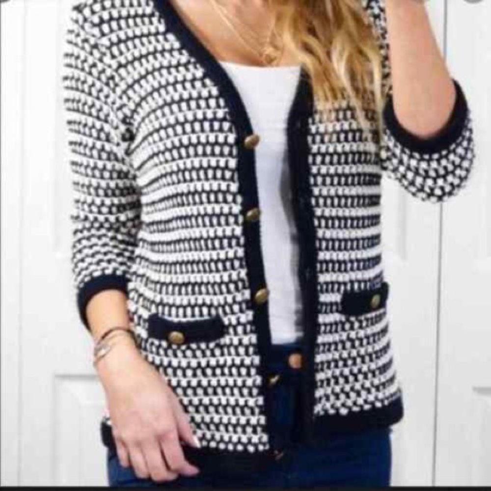 CAbi #868 Coco Black & White Knit Cardigan Sweater